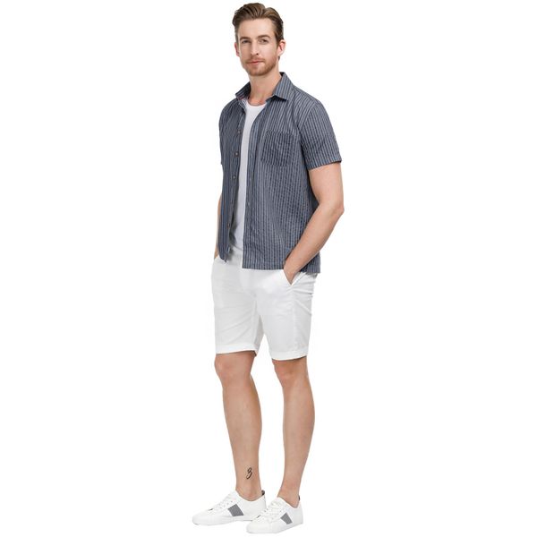 

mens striped short sleeve square collar jacquard cotton shirt flat hem hot, White;black