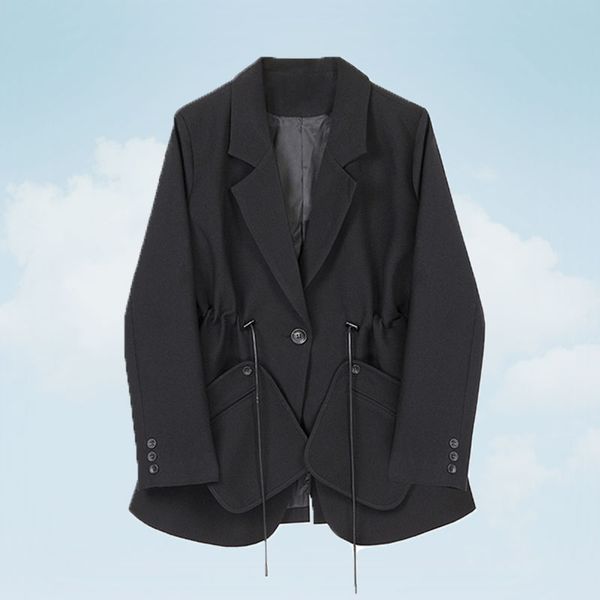 

женщины черный шнурок карман блейзер лацкан с длинным рукавом свободного покроя куртка мода прилив весна осень 2020 повседневное пальто женс, White;black