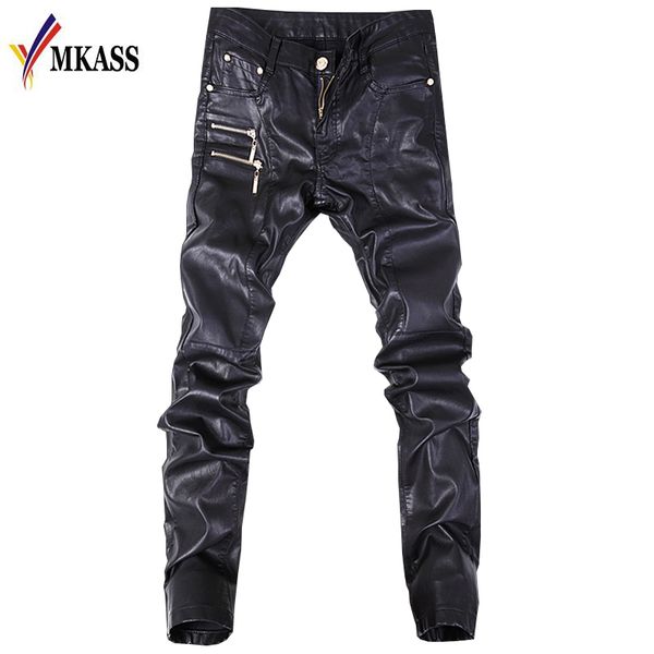 

2019 new autumn biker skinny men gothic punk fashion faux leather pants pu buckles hip hop zippers black leather trousers male