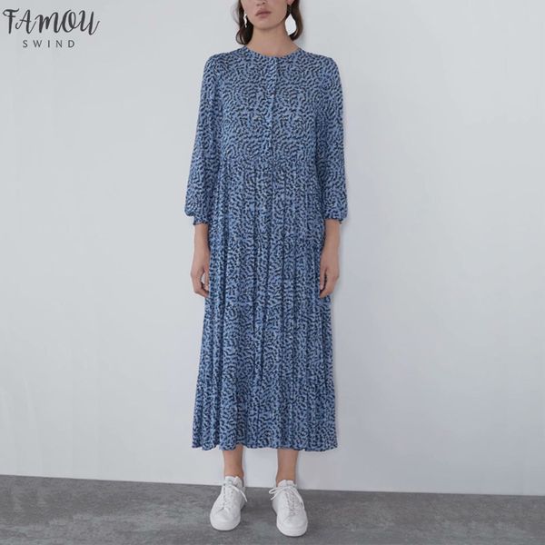 

casual summer women dress printed round neck pleated dress loose long maxi holiday long sleeve maxi vestidos, Black;gray