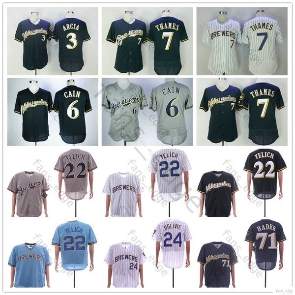 

Milwaukee 22 Christian Yelich Brewers #3 Orlando Arcia Lorenzo Cain 71 Josh Hader 24 Ben Oglivie 7 Thames Baseball Jerseys