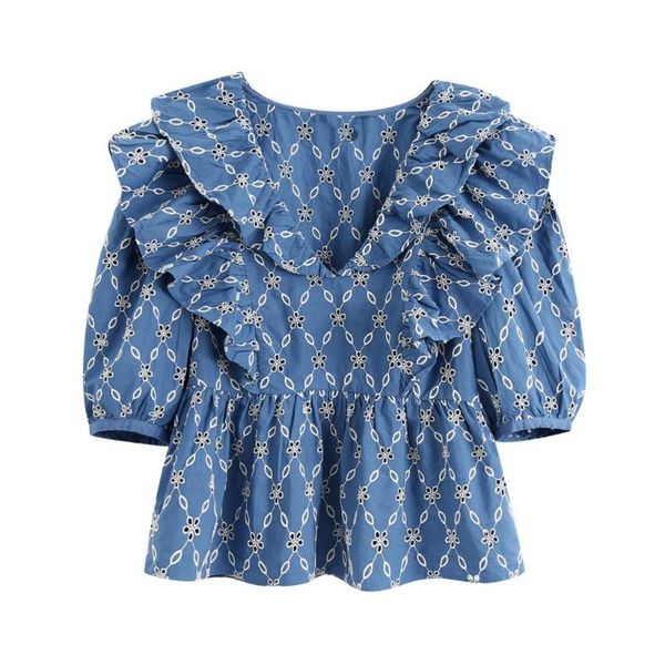 

женщины сладкий выдалбливают оборками блузы vintage v образным вырезом с коротким рукавом вышивка женские рубашки blusas шикарные tops, White