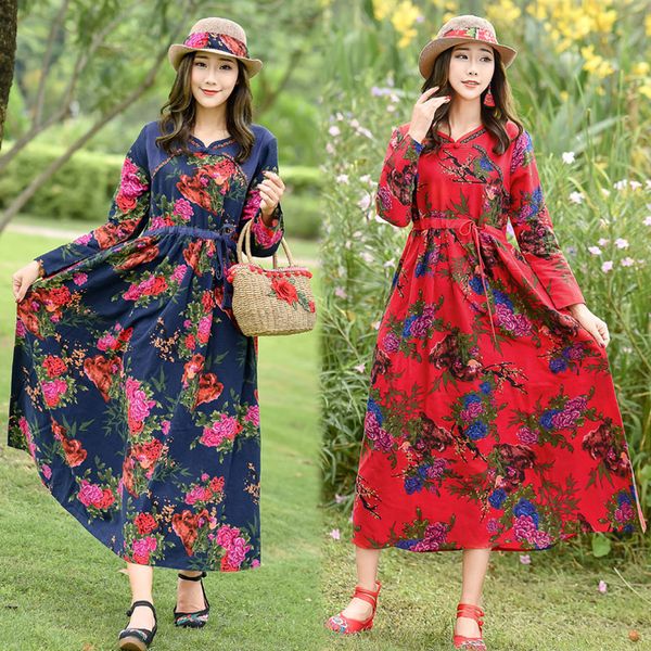 

autumn clothing wind loose printing waist cotton long sleeve dress, Black;gray