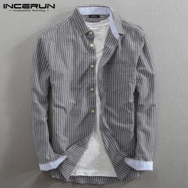 

incerun casual shirt men striped streetwear lapel neck long sleeve blouse fashion office business mens brand shirts, White;black