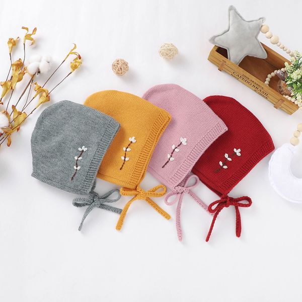 

knitted kids baby girls autumn winter hats embroidery floral toddler infant girls lace up caps newborn children's warm hats, Yellow