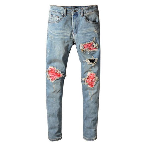 

mens printed patch biker jeans fashion light blue moter skinny patchwork holes ripped stretched denim pants