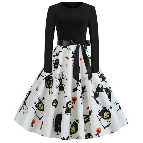 

halloween women long sleeve dresses pumpkin grim reaper ghost printed belt skirts halloween costumes adults new fashion party dress, Black;gray