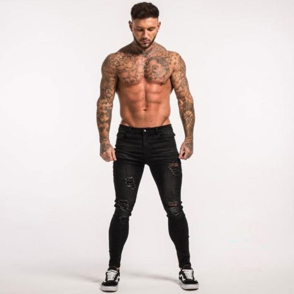 

mens long pants denim skinny ripped frayed slim fit biker trousers fashion, Black