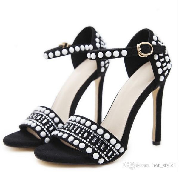 

new style woman fashion rhinestone handmade ankle strap sandals popular hand beaded foot ring buckle summer shoes stiletto heel, Black