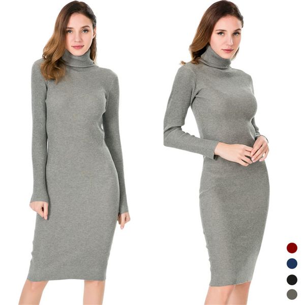 

women dress 2019 autumn sweater dress cotton rib knit slim stretched winter turtleneck lady party bodycon robe dresses vestidos, Black;gray