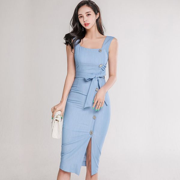 

jsxdhk women single breasted button dress summer office ladies blue split bodycon pencil dress fashion square collar belt, Black;gray