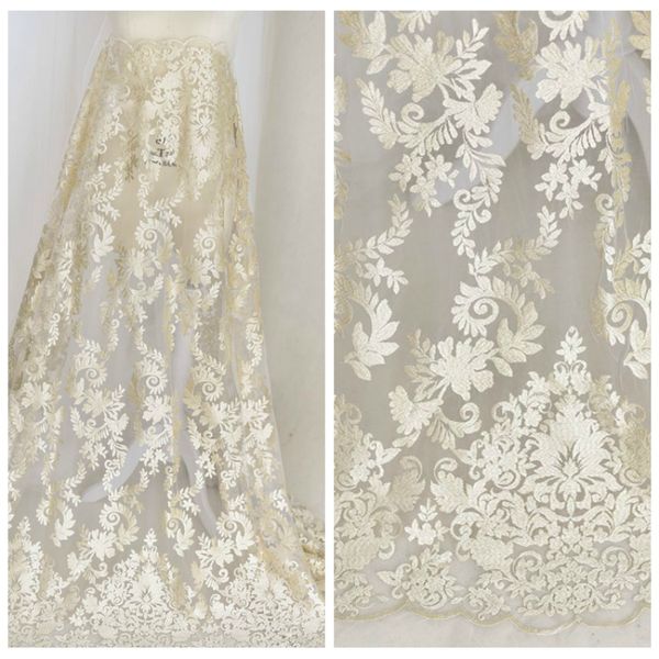 

130cm wide luxury embroidery bud silk yarn champagne gold cloth wedding dress diy material big name clothing fashion fabric, Black;white