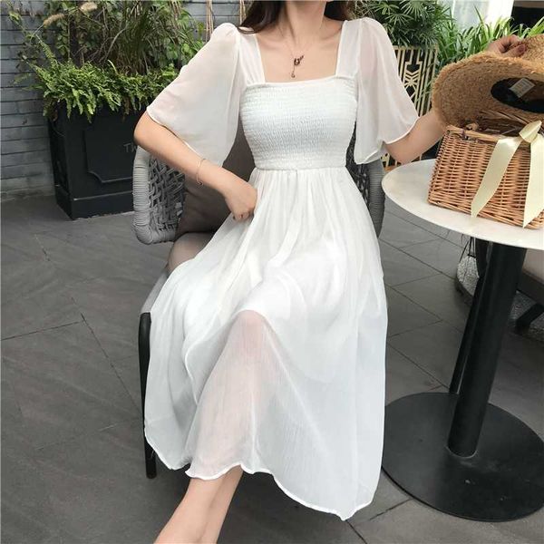 

rugod 2020 new summer chiffon dress women casual square collar butterfly sleeve pleated dress a-line fairy temperament, White;black