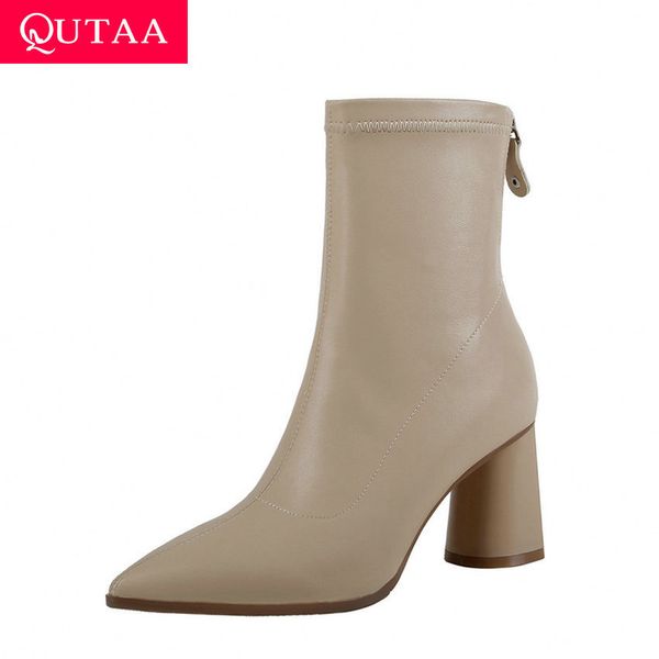 

qutaa 2020 fashion square high heel autumn winter women shoes pu leather pointed toe zipper all match ankle boots size34-39, Black