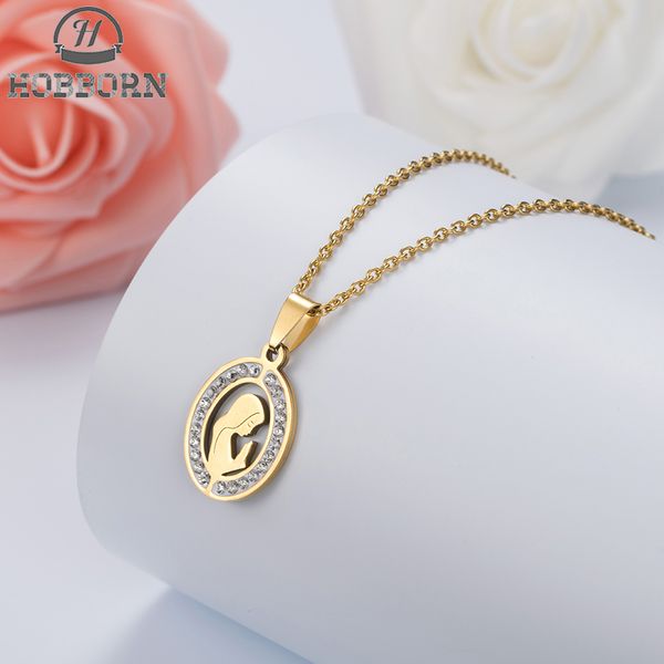 

hobborn trendy women men religious necklace stainless steel gold color cz crystal virgin mary maria necklaces & pendants jewelry, Silver