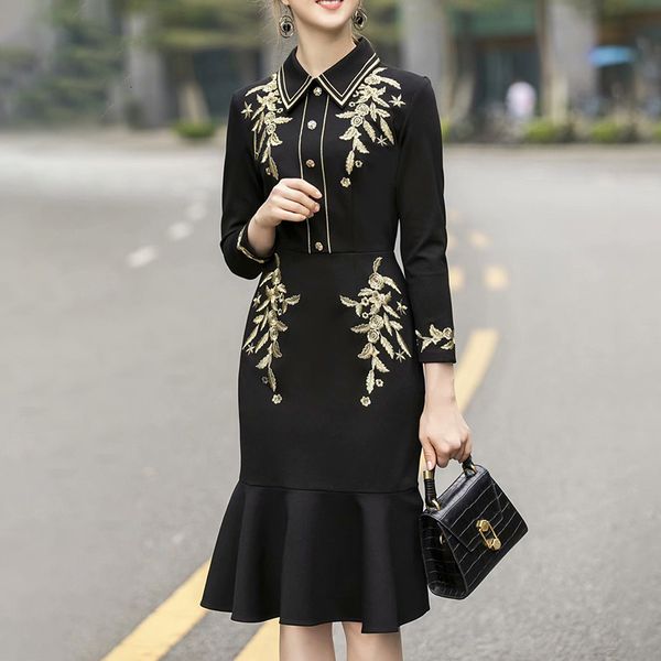 

2020 bodycon black patchwork embroidery print dress for women lapel collar long sleeve high waist mermaid dresses female fashion, Black;gray