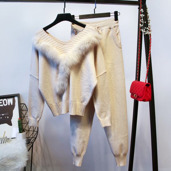 

v fur neck women cashmere blends full length knitting jumper pants sets knitted sweaters trousers 2 pieces suits, White