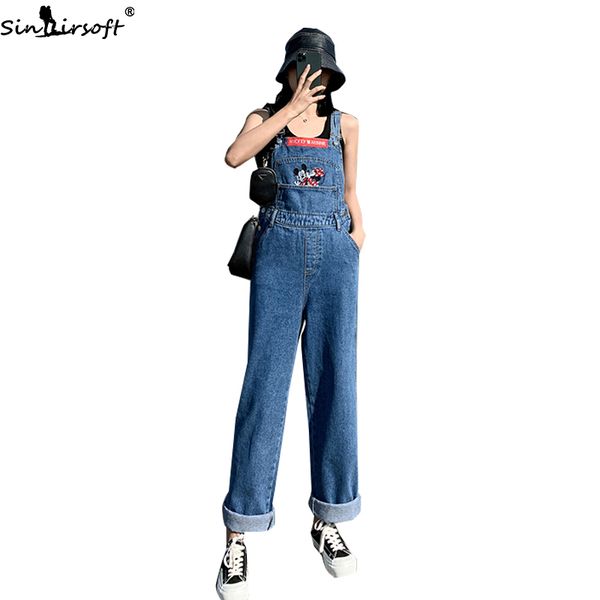 

women's siamese jeans cotton mouse cartoon embroidered sling jeans women fashion casual high waist wide leg pants women, Black;white