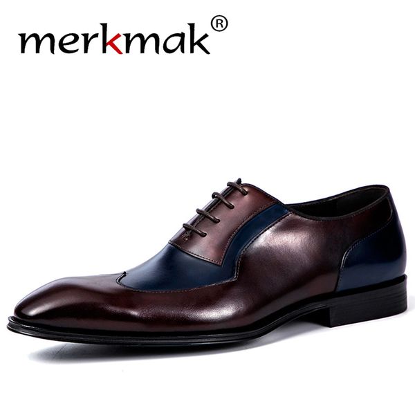 

merkmak 2019 autumn men formal shoes fashion lace-up men wedding office dress shoes genuine leather oxfords footwear big size, Black