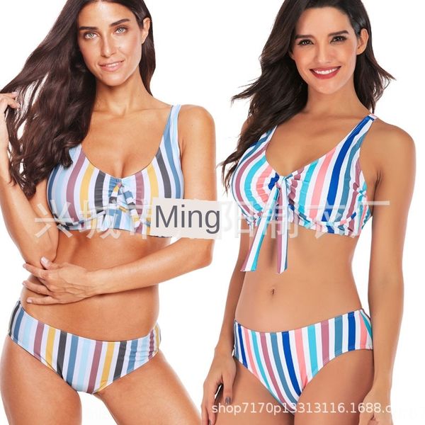 

2020 women's gathering rainbow bikini swimsuit bikini vertical strip split swimsuit, White;black