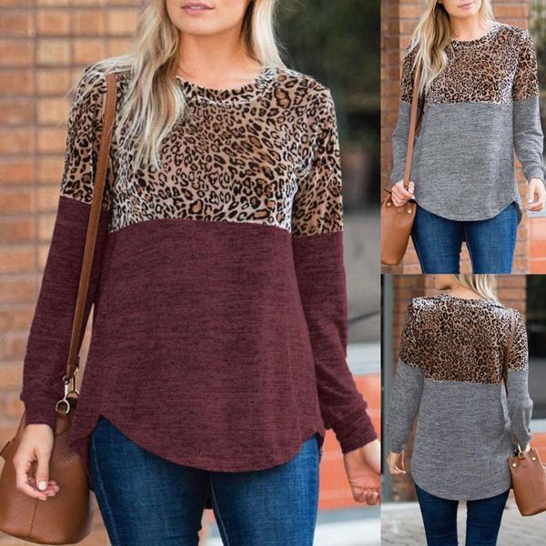

women t shirt casual funny t shirt women leopard print splice round neck long sleeve t-shirt plus size roupas femininas, White