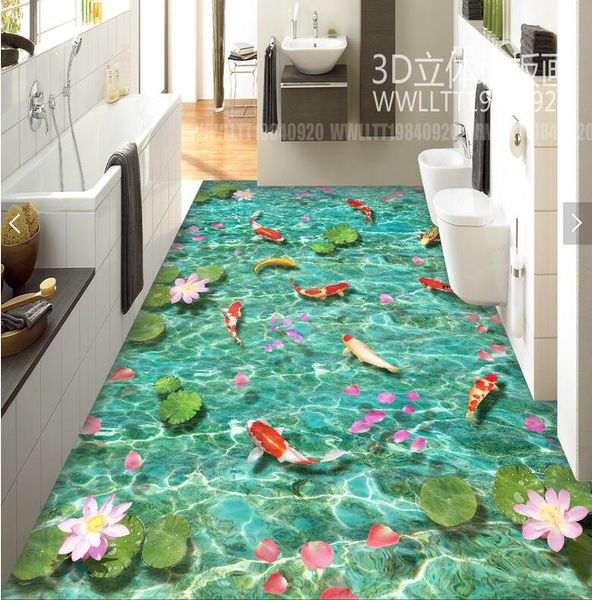 

3d pvc flooring custom p waterproof floor wall sticker lotus carp, clear lake water home decor living room wallpaper for walls 3 d