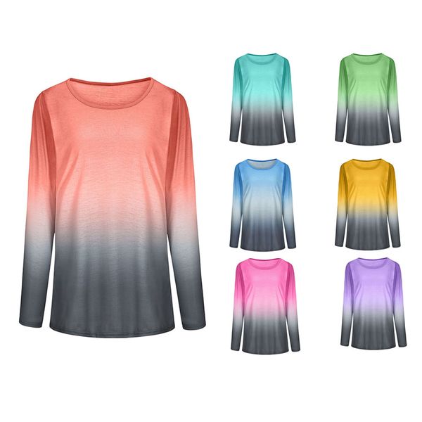 

Womens Long Sleeve Gradient T Shirt Plus Size Casual Loose Beach Tops New Autumn Blouse
