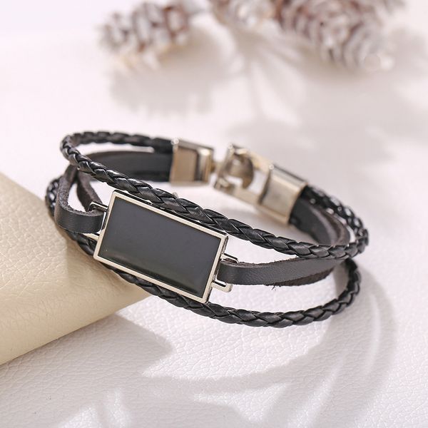 

vintage geometric square wood leather bracelet for men charms black color bracelet male jewelry pulseira masculina, Golden;silver