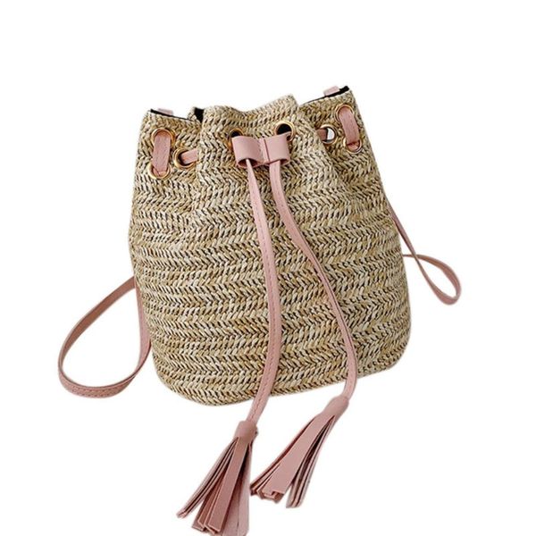 

women shoulder bag fashion sweet beach all-match straw solid color drawstring concise bucket shape shoulder bag