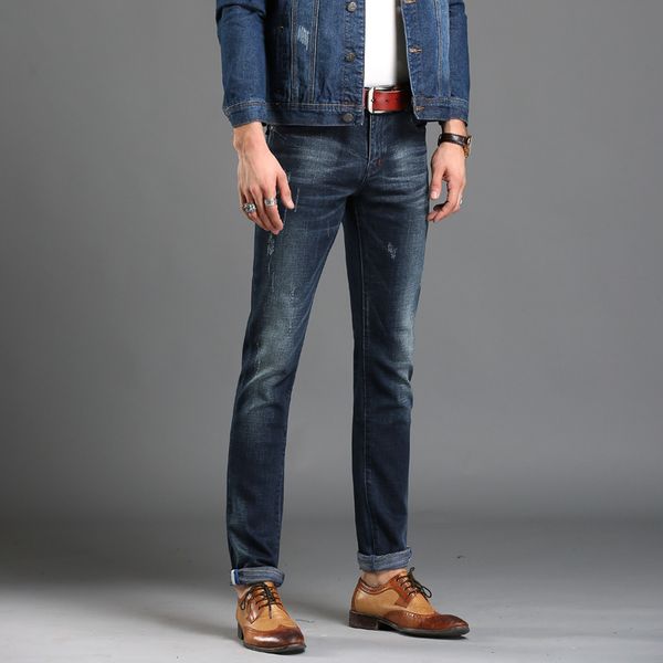 

2019 men's jeans slim fit solid destroy wash mid-waist male jeans new arrival long pants denim casual straight pants, Blue