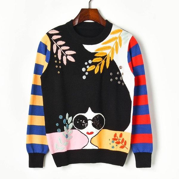 

new casual women embroidery leaf stripe beading sunglasses stripe girl long sleeve sweaters pullover designer sweater  s-xl, White;black