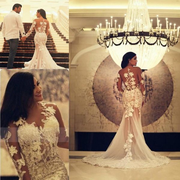 

Plus Size 2019 White Plus Size Mermaid Wedding Dresses See Through Princess Long Sleeve Bridal Dress Lace Wedding Gowns Vestido De Noiva