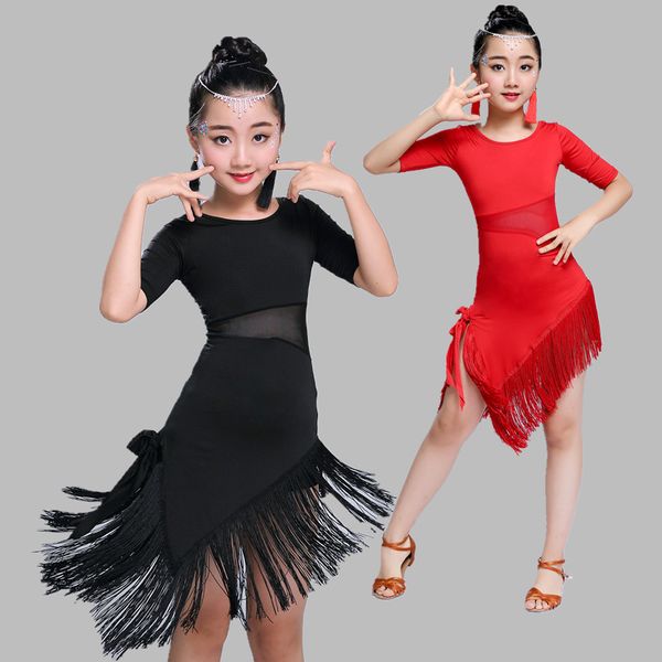 

children's latin dance skirt girls' dance dress summer contest grading performance dress girls' tassel skirt, Black;red