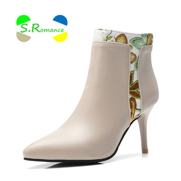 

s.romance women ankle boots woman winter shoes high thin heels zipper flower print pu patchwork 2018 sb255, Black