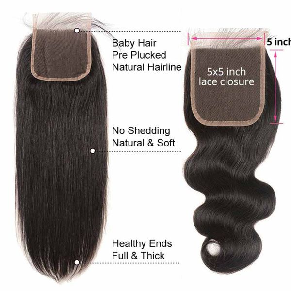 

бразильский 5x5 body wave прямая кружевная застежка свободная часть человеческих волос натуральный черный бразильский реми волосы 5" x5 " за, Black