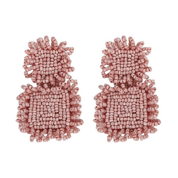 

new trendy fashion luxury designer exaggerated vintage bohemia hand beaded geometric square box stud earrings for woman, Golden;silver