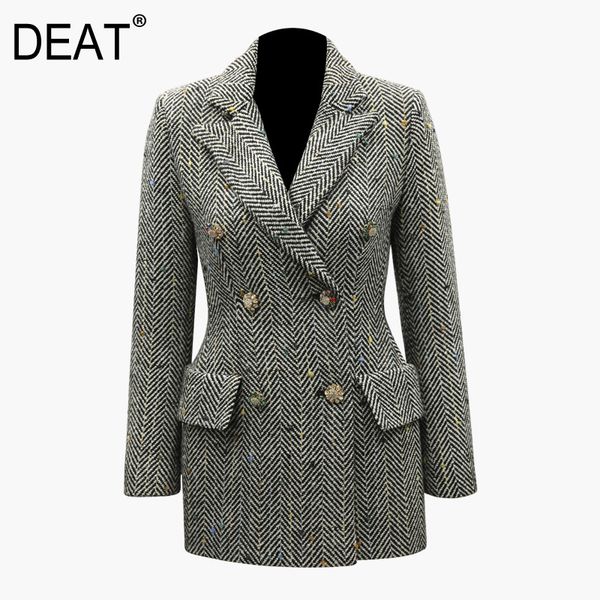 

deat] 2019 new spring summer lapel long sleeve pockets rhinestone button wool lattice hit color jacket women coat fashion jy01, Black;brown