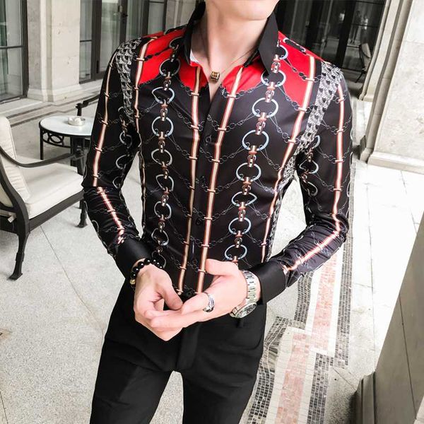 

золотая цепочка для ключей рубашка slim fit 2019 осень печатных camisas para homem повседневная одежда рубашки мужская рубашка мода fancy cl, White;black