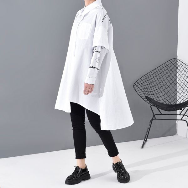 

lanmrem] 2020 turn-down collar full sleeves irrgular printed letters white cotton shirt big size female blouse yj09800