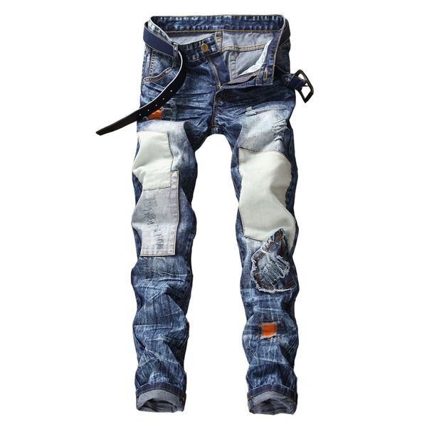 

2019 men's fashion jeans slim ripped trousers spring casual denim skinny straight washable patch ankle length pencil jeans, Blue