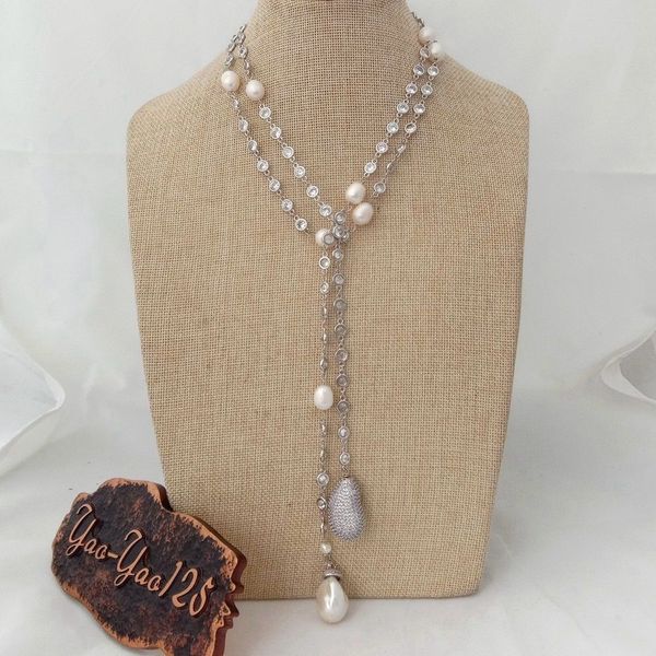 

n012905 49" white keshi pearl cz pave chain long necklace j190711, Silver