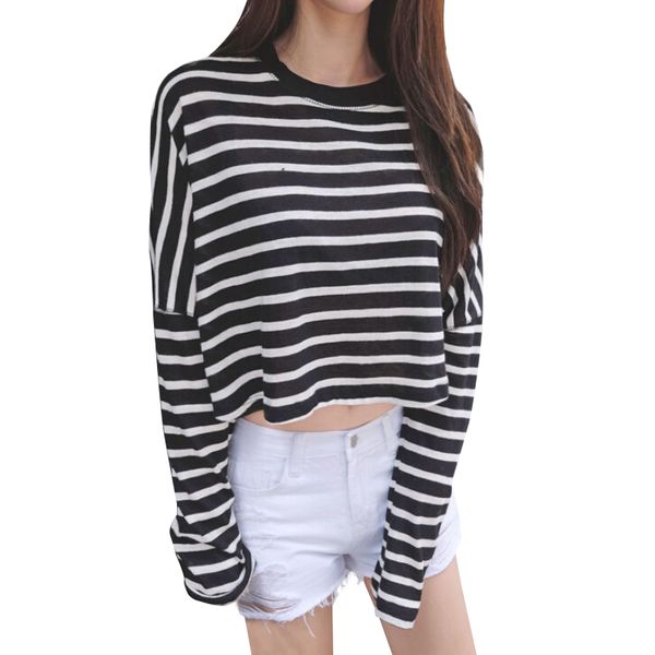 

liva girl t-shirt autumn women striped crop cotton casual long sleeve o-neck wild t-shirt female 2019 new style x, White