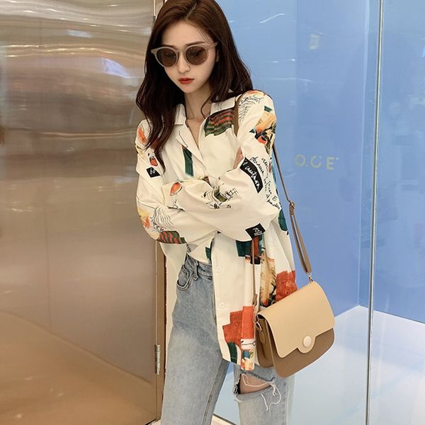 

vintage blouse women autumn fashion long sleeve casual loose illustration print shirt lapel chiffon ladies blouses 2020 new, White