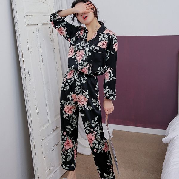 

s6b2m pajamas female summer and autumn simulation pajama silk-screen simulation silk screen thin breathable long sleeve ice silk printing tw, Blue;red