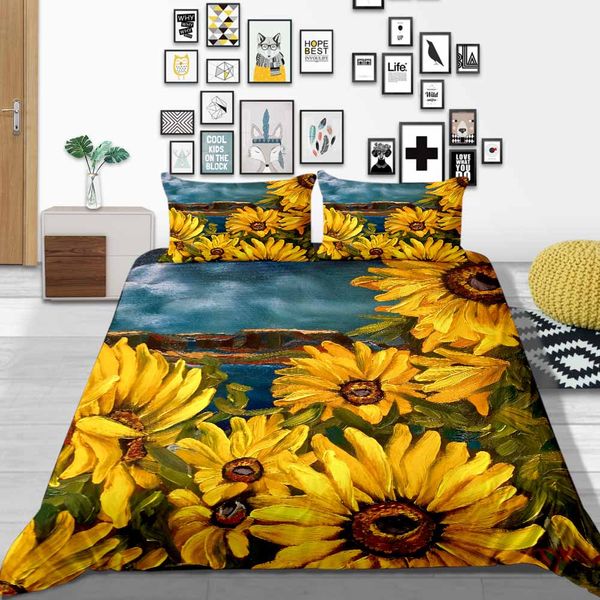 Sunflower Bedding Set Queen Size Artistic Oil Painting Duvet Cover