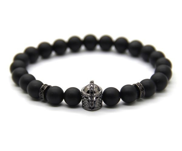 

ailatu 8mm real matte onyx stone bracelet micro pave black cz sers beads, double-face spartan helmet, Golden;silver