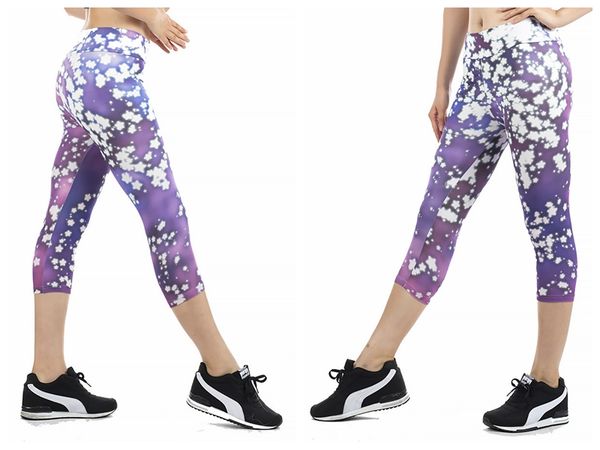 

women yoga trousers pants tights trousers female high waist dance active purple silver flower print printing cropped leggings skinny silm, Black;white