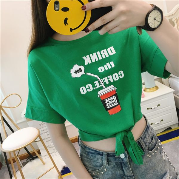 

cotton round collar short-sleeved t-shirt women's belly-exposed squeezed short tie printed student base shirt fashion, White