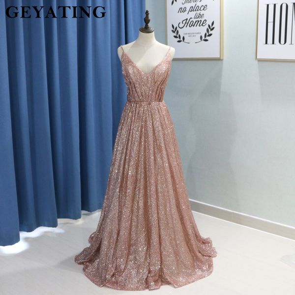 

glitter rose gold a line prom dresses 2k19 sparkly spaghetti straps long women formal party gowns pleat vestidos de festa new, White;black