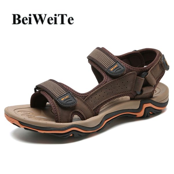 

autumn hiking men open-toe sandals camping fishing male beach shoes breathable genuine leather light walking outdoor sport shoes
